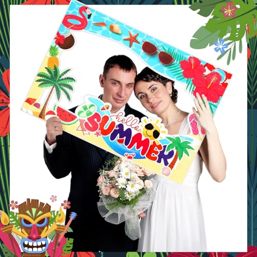 Relaxweex 13 Pcs Luau Photo Booth Props Hawaiian Party Decorations, 12 Pairs Beach Themed Funny Summer Glasses, 1 PC Summer Photo Frame, Tropical Party Supplies Favors (Beach Frame) - style: Beach Frame