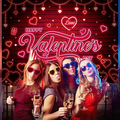 Valentines Banner Backdrop 7x5FT Red Glitter Heart Neon Valentine's Day Photography Background Valentines Theme Party Decorations Photo Props
