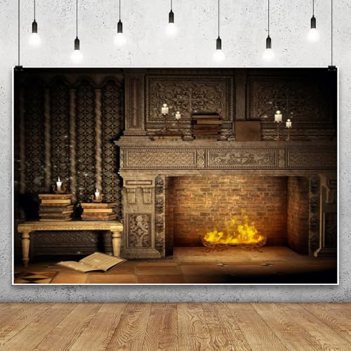 Laeacco Fantasy Room Interior Backdrop 10x8ft Vintage Brick Wall Flame Fireplace Photography Backdrop Magical Books Candle Retro House Background Halloween Theme Party Decoration Photo Props - size: 10x8ft