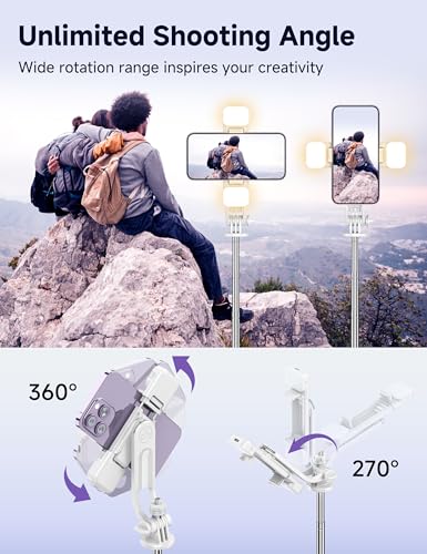 Selfie Stick Tripod with 2 Light, 3 Light Modes & 6 Brightness Levels Extendable Phone Tripod with Detachable Remote & Phone Holder, Portable Camera Tripod Compatible with iphone16 15 14 13/Android - color: White