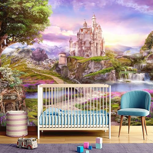 Pink Castle Children's Room Self-Adhesive Wallpaper - Cartoon Style Peel-and-Stick Wall Mural - 96"x137" - color: Zzsl-04, size: 96"x137"