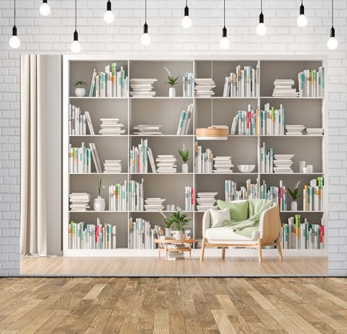 BELECO 9x6ft Fabric White Bookshelf Backdrop Modern Office Zoom Meetings Video Conference Background Living Room Study Banner Work from Home Online Meeting Photo Props - size: 9x6FT