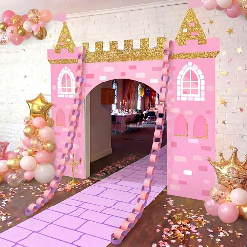 Frienda Princess Party Decorations Kit Pink Castle Backdrop Princess Door Cover with Rug 200 Purple and Pink Paper Chain Royal Kingdom Wall Fort for Renaissance Knight Castle Photo Props - style: Princess
