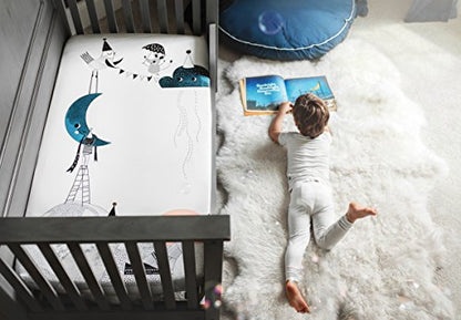 Rookie Humans 100% Cotton Sateen Fitted Crib Sheet: The Moon’s Birthday. Modern Nursery, Use as a Photo Background for Your Baby Pictures. Standard Crib Size (52 x 28 inches) (Standard Cotton Sateen)