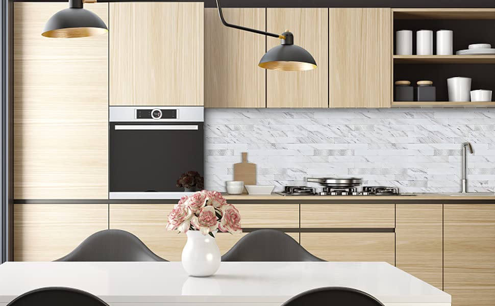 Midcard 20 Sheet Peel and Stick Backsplash, White Marble PVC Wall Tile for Kitchen Backsplash - color: White Marble With Metallic Silver, size: 20