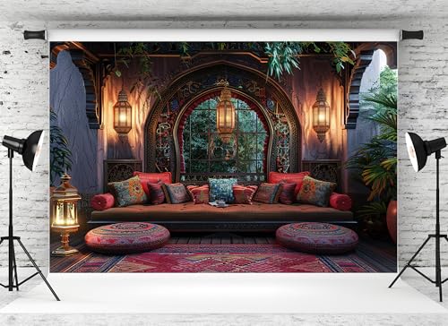 12x8ft Retro Living Room Backdrop Moroccan Exotic Lounge Luxury Interior Background for Bohemian Theme Party Cultural Events Birthday Party Decor Photo Studio Booth Props Banner Wallpapers - size: 12x8FT