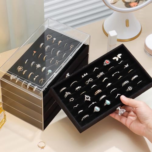 SPAKOWN Ring Box Display Holder, Clear Velvet Jewelry Storage Tray Organizer for Ring Stud Earring (Black, 5 Drawers) - color: Black, size: 5 Drawers