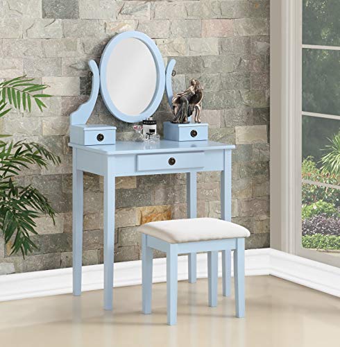Roundhill Furniture Moniys Wood Makeup Vanity Table and Stool Set, Blue - color: Blue
