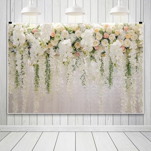 6x4ft Wedding Backdrop White Curtain Floral Wedding Ceremony Photography Background Bridal Shower Party Decor Lover Engagement Proposal Prom Banner Newborn Baby Shower Party Vinyl Wallpaper - size: 6 x 4 ft