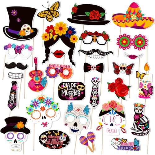Dia De Los Muertos Decorations, Tumwisk 30PCS Day of The Dead Photo Booth Props, Marigold Grass Hat Guitar Skull Cinco De Mayo Mexican Party Decorations Day of The Dead Fiesta Party Selfie Props - color: Day of the Dead