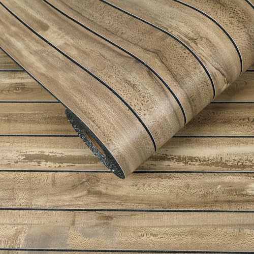 VEELIKE Weathered Wood Slat Wall Panels Peel and Stick Reclaimed Wood Grain Panels for Bedroom Farmhouse 17''x118'' Self Adhesive 3D Acoustic Panel Wooden Planks for Living Room Accent Walls Ceilings - color: Weathered Teak, size: 17''x118''