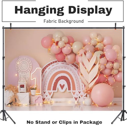 Fabric 5x3ft Girl 1st Birthday Party Backdrop Bohemia Rainbow Sweet One Pink Balloons Scene Photography Background Princess Girl First Birthday Baby Shower Banner Cake Smash Decorations - size: 5x3ft(WxH)