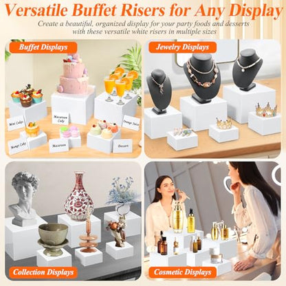 10 Pcs White Acrylic Buffet Risers with Mini Sign and Marker, Food Display Stands for Buffet Table Party Catering Dessert Jewelry Collectibles, Acrylic Cube Nesting Boxes with Hollow Bottoms 8 Sizes (10" 9" 8" 7" 6" 5" 4" 4" 3" 3") - size: 10" 9" 8" 7" 6"
