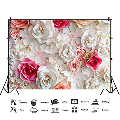 10x8ft Pink and White Paper Flowers Background Photography Backdrop Paper Flower Wall Gorgeous Wedding Flower Backdrops Beautiful Bride Baby Newborn Kids Background Props Portraits Booth - size: 10x8ft