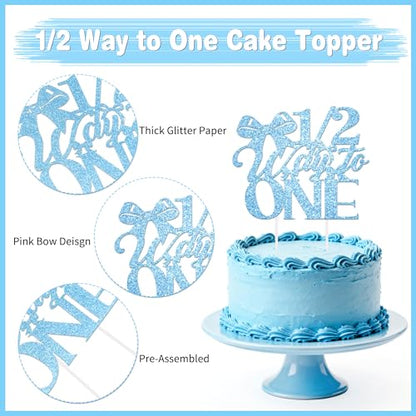 1/2 Birthday Girl Half Birthday Decorations - blue Bow It's My 1/2 Birth Banner, Glitter Cake Topper, Ribbon Bow Wood Bead High Chair Banner & Cone Hat, Halfway to One Baby Girl Party Supplies(Blue) - color: Blue