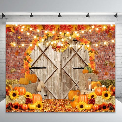 Fall Thanksgiving Backdrops for Photography Pumpkin Barn Door Fall Photo Backdrop LFEEY 10x8ft Maple Autumn Harvest Theme Background Autumn Farm Harvest Event Party Decorations Banner Photo Props