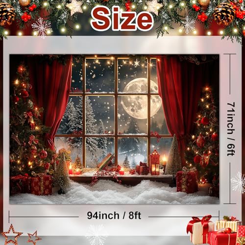 Avezano 8x6 ft Christmas Photo Backdrop Window Full Moon Night Background Red Curtain Christmas Eve Holiday Portrait Backdrop Photo Studio Props - size: 8x6ft