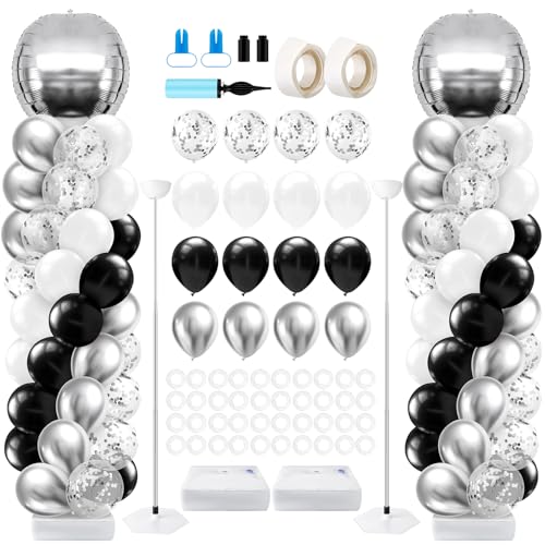 2 Sets Black and Silver White Graduation Balloon Column Stand Kit for Class of 2026, Adjustable Floor Balloon Arch Tower with Foil & Latex Balloons, DIY Decor for Grad Ceremony Backdrop - color: Black and Silver White
