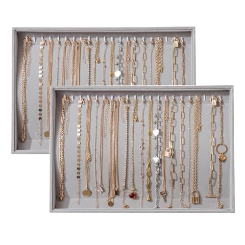 Large Velvet Jewelry Tray 2 Pack Stackable Jewelry Display Drawer Inserts Trays Organizer for Earring Bracelet Necklace Ring (Gray, 20 Hooks) - color: Gray, size: 20 Hooks