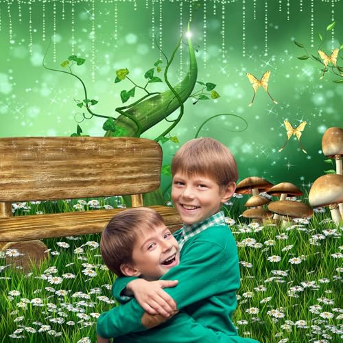 Wonderland Garden Backdrop Enchanted Fairy Green Meadow Scenery Photography Background Fantasy White Flowers Misty Foggy Evening Backdrop Spring Mushroom Butterfly Background Cake Table Props 5x3ft - color: Green White, size: 5x3ft