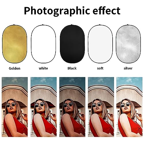 Godox 24″x36″/60x90cm Collapsible Photography Light Reflector, 5-in-1 Oval Multi Disc Diffuser with Carrying Bag - Gold, Silver, Black, White, Translucent for Video Studio Outdoor Lighting - size: 24″x36″/60x90cm