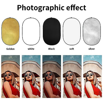 Godox 59″x79″/150x200cm Collapsible Photography Light Reflector, 5-in-1 Oval Multi Disc Diffuser with Carrying Bag - Gold, Silver, Black, White, Translucent for Video Studio Outdoor Lighting - size: 59″x79″/150x200cm