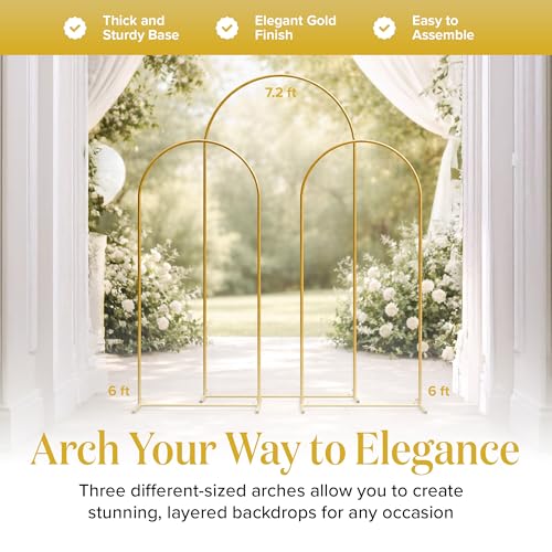 Metal Arch Backdrop Stand and Cover Set – 3 Gold Frames (7.2ft, 6ft x2) with White Wrinkle-Free Spandex Covers, Water Weights, Bags & Case – Wedding, Birthday, Baby Shower, Party Decor