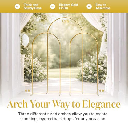 Metal Arch Backdrop Stand and Cover Set – 3 Gold Frames (7.2ft, 6ft x2) with White Wrinkle-Free Spandex Covers, Water Weights, Bags & Case – Wedding, Birthday, Baby Shower, Party Decor