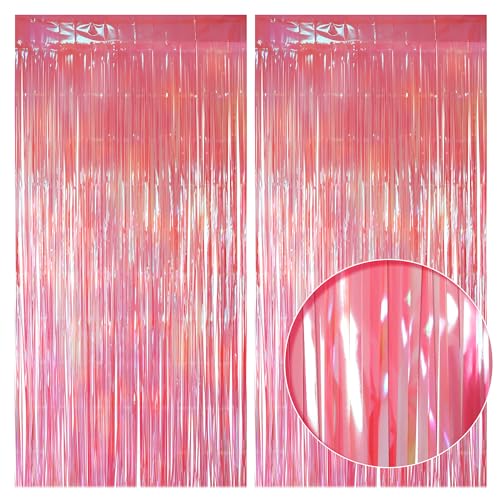2 Pack Pink Iridescent Streamers Backdrop, 3.3x6.6ft Foil Fringe Curtains Holographic Door Tinsel Streamers for Birthday, Wedding, Holiday, Bachelorette, Baby Shower Theme Party Decorations - color: Pink, size: 2 Pack