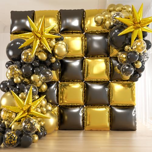 25pcs Black and Gold Foil Square Balloon Backdrop Wall &139pcs Gold Black Balloons Arch Kit, Double Sided Balloon Tunnel for Birthday 2026 New Year Graduation Party Decoration - color: Black Gold