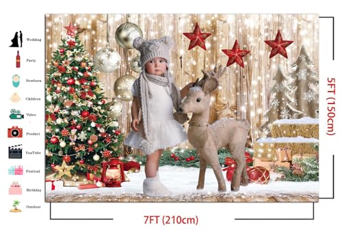7x5Ft Christmas Backdrops for Photography Winter Snow Backdrop Rustic Wood Floor Backdrop Xmas Tree Gift Christmas Family Party Background - size: 7x5ft