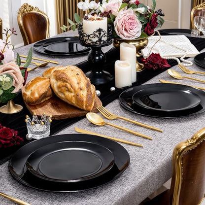 PULOTE 200PCS Black Plastic Plates - Heavy Duty Black Disposable Include 100 Each (10 inch Dinner & 7 inch Dessert) Plates, Disposable for Party, Birthday & Graduation - color: Black, size: 200 Pcs