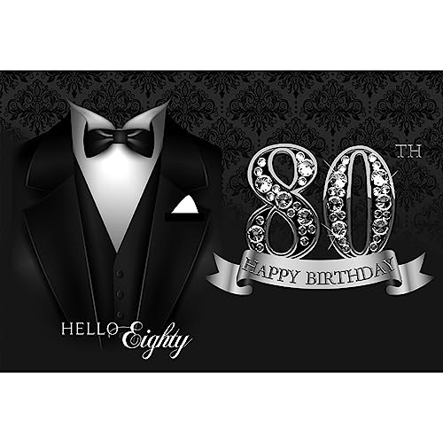 5x3ft Men 80th Birthday Tuxedo Background Black Necktie Suit Tuxedo Happy Birthday Photography Backdrop Hello Eighty Silver Diamond Luxury Birthday Party Supplies Portrait Photo Shoot Props - color: black silver 80, size: 5x3ft