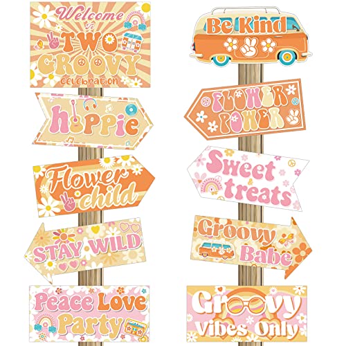 Jecery 20 Pcs Two Groovy Party Decorations Retro Hippie Boho Party Signs 60's Retro Decor Groovy Party Decorations Boho Hippie Welcome Signs Photo Prop for Two Groovy Party Favor Girl Birthday Decor