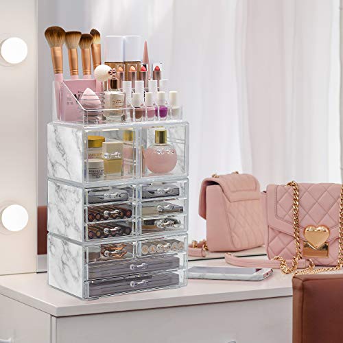 Sorbus Large Makeup Organizer - Clear Stackable Jewelry & Makeup Organizer For Vanity, Bathroom Storage, Dresser - 12 Drawers Cosmetic Beauty Organizers and Storage with Lipstick, Makeup Brush Holder - color: Marble
