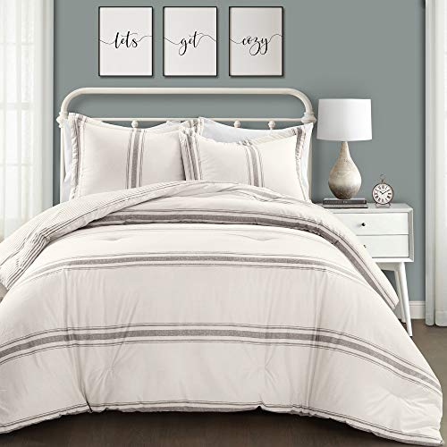 Lush Decor Farmhouse Stripe Reversible Cotton Comforter Set, 3 Piece Set, King, Gray - Cozy Farmhouse Bedding Set - Rustic Decor - Striped Comforter - Modern Farmhouse Bedroom Decor - color: Gray, size: King