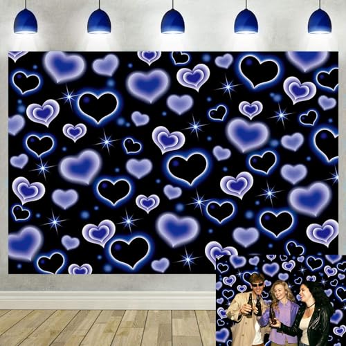 Blue Heart 2000s Backdrop Banner Black and Blue Sweet Y2K Photography Background Early 2000s Party Decorations Photo Banner Props Supplies 8x6FT - color: blue, size: 8x6FT(2.4m x 1.8m)