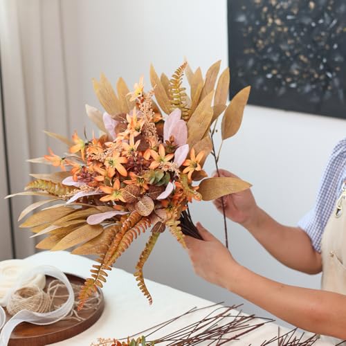 Artificial Greenery Stems Box Set for Fall Decor (Pack of 70pcs) with 8 Kinds of Faux Plants and Fake Flowers for Autumn DIY Wedding Bouquet Table Centerpieces and Floral Arrangement (Brown & Orange)