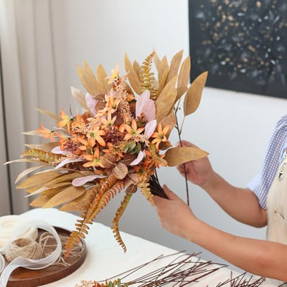 Artificial Greenery Stems Box Set for Fall Decor (Pack of 70pcs) with 8 Kinds of Faux Plants and Fake Flowers for Autumn DIY Wedding Bouquet Table Centerpieces and Floral Arrangement (Brown & Orange)
