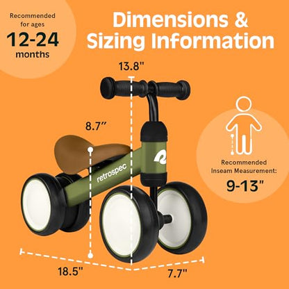 Retrospec Cricket Baby Balance Bike, 4-Wheel Ride-On Toy for Ages 12-24 Months – First Bike & Toddler Bike for 1 Year Old Boys & Girls, First Birthday Gift - color: Olive Drab