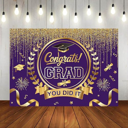 Graduation Backdrop Congrats Grad You Did It Party Decorations Background Congratulations Graduate Class of 2026 Banner Photo Booth Props (Purple and Gold, 7x5ft) - color: Purple and Gold