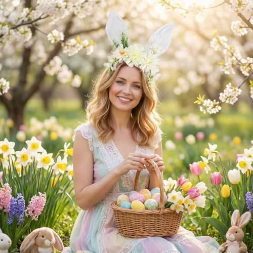 Women Easter Bunny Ears Headband Flowers Crown Rabbit Ears Party Headwear - color: White