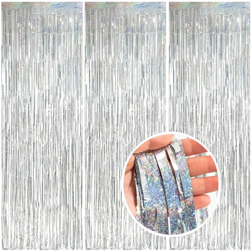 3 Pack Foil Curtain Backdrop 3.3x6.6 ft Tinsel Fringe Curtains for Parties Metallic Streamers Photo Booth Props,Wedding & Birthday,Holiday Decorations Disco,Bachelorette,Door Hanging Decor (Silver) - color: Silver