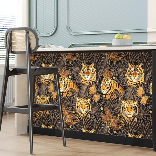 BOKEBEVE Black and Gold Tiger Wallpaper Peel and Stick Leaf Wall Paper Jungle Tropical Contact Paper for Bedroom Living Room Bathroom Renter Friendly Removable 17.5 x 118In - color: Black/Gold/Brown, size: 17.5" x 118"