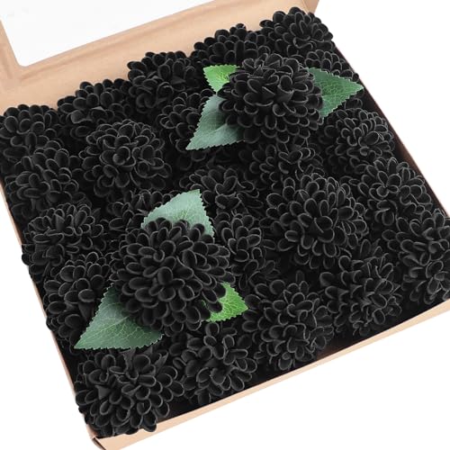 Floroom Artificial Dahlia Flowers 25pcs Real Looking Black Foam Fake Roses with Stems for DIY Wedding Bouquets Bridal Shower Centerpieces Floral Arrangements Party Tables Home Decoration - color: Black