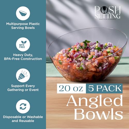 Posh Setting Crystal Clear, Disposable Premium Hard Plastic Medium Angled Bowl, Party, Salad, Snack and Fruit Bowl 5 Pack - color: Clear, size: Medium 20 OZ