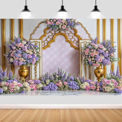 5X3ft Arabian Moroccan Party Backdrop, Moroccan Purple Floral Luxurious Golden Palace Wall Photo Backdrop for Princess Wedding Birthday Baby Shower Party Background Decorations Photo Studio Props,1 - color: Multi1, size: 5 x 3 ft