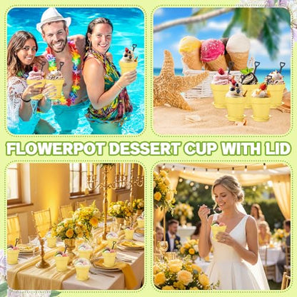Honeydak 25 Pack Flowerpot Dessert Cup Plastic Cake Cups with Lid Shovel Spoon Mini Flower Pot Dessert Cups Ice Cream Yogurt Cupcake Holder Containers for Birthday Party Supplies DIY Baking (Yellow) - color: Yellow