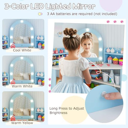 Costzon Kids Vanity with Lights, Corner Vanity Desk with Mirror, Storage Shelves, Wooden Princess Toddler Makeup Dressing Table, Kids Vanity Table and Chair Set for Little Girls (Blue) - style: Blue with Corner Design