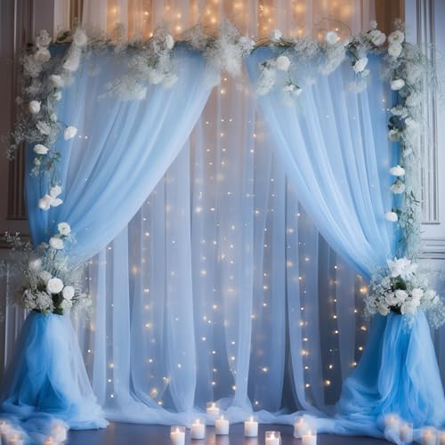 20x10ft Baby Blue Tulle Backdrop Curtain with Lights String for Parites, Sheer Backdrop Curtains for Wedding Baby Shower Birthday Party Photo Shoot Decorations - color: Baby Blue, size: 20ft x 10ft(4 Panels 5*10ft)